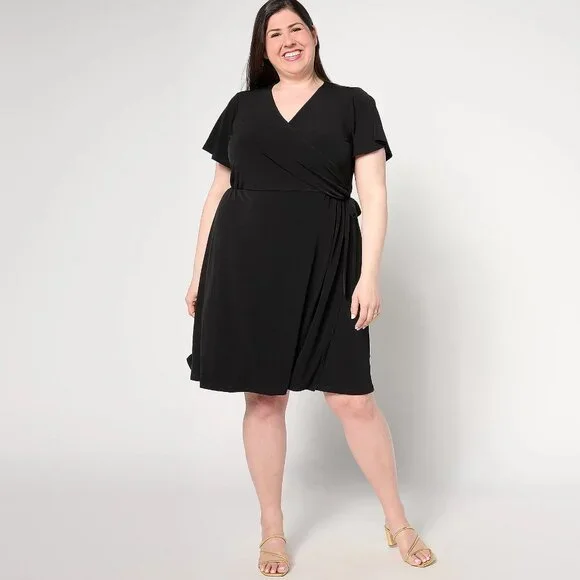 Susan Graver Regular Liquid Knit Faux Wrap Dress, Size Small, Black